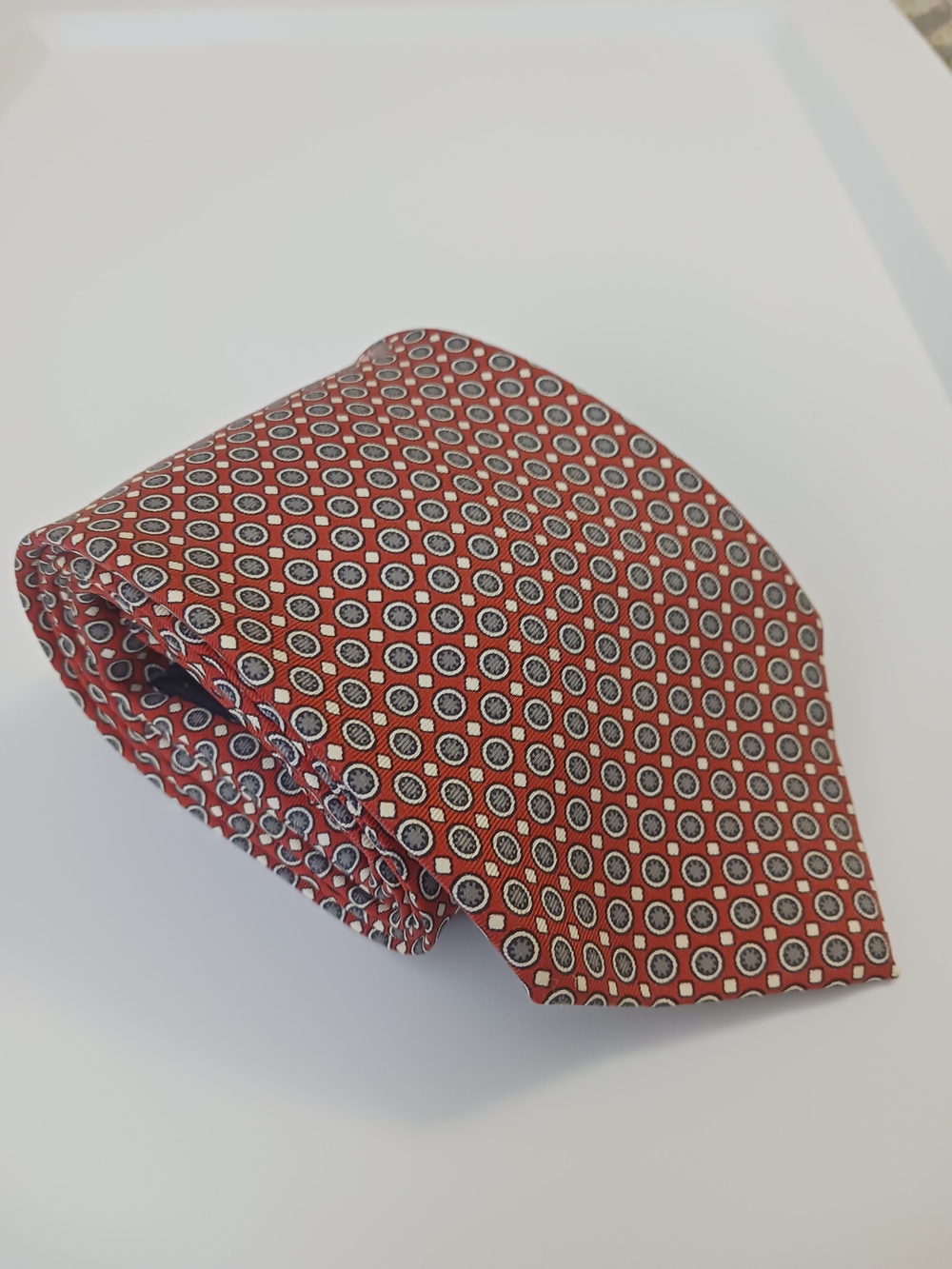 Burberry London Men's Silk Necktie England Geometric Red Gray